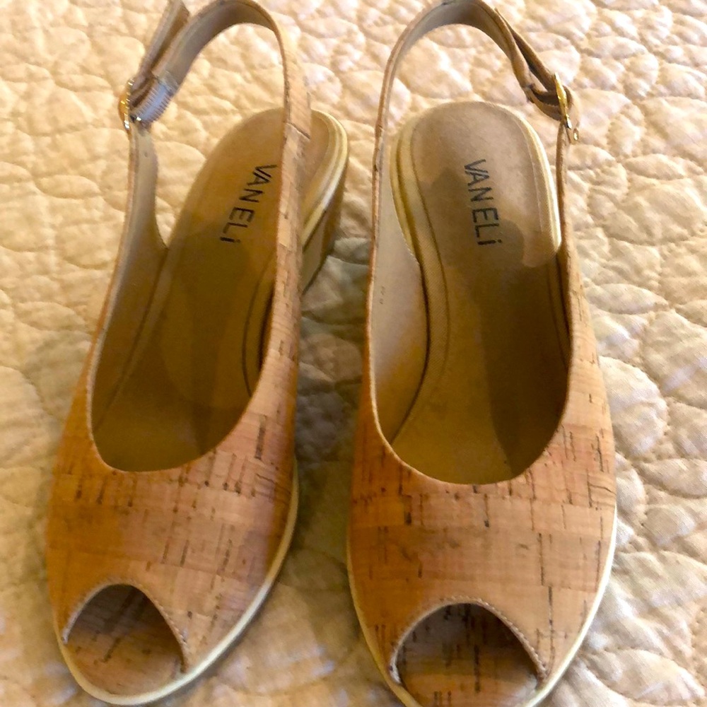 Vaneli cork open toe sling back One and a half inch wedge